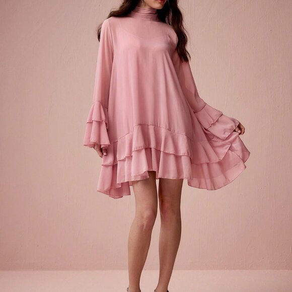 Pink Elegant Women's Ruffle Flared Sleeve Dress - Picture 7 of 7